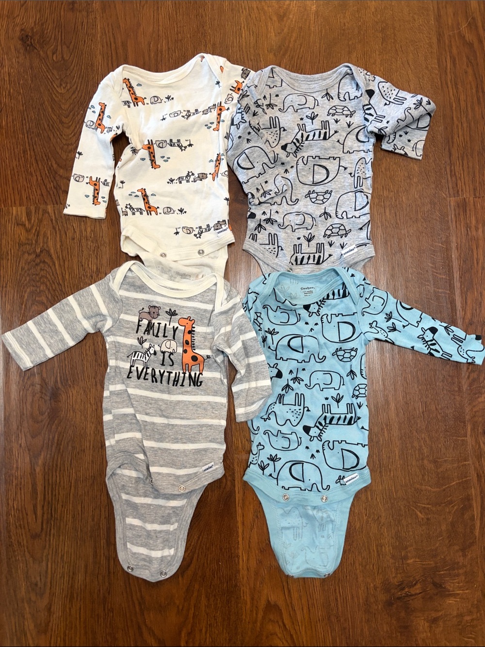 Gerber Long-Sleeve Animal Print Bodysuits in White, Gray, Blue